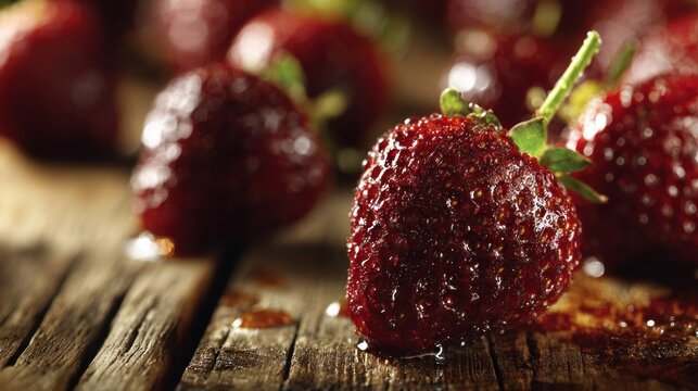 Close up of ripe strawberries on rustic wooden surface with shallow depth of field