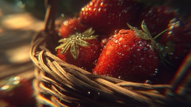 Close up of fresh strawberries in wicker basket with water droplets