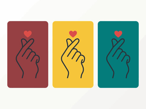 Minimalist Korean Finger Heart Hand Gesture Icons on Colorful Cards, K-pop Love Symbol and Saranghae Illustration for Social Media and Greeting Cards