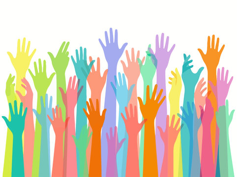 Colorful Hands Raised Up Illustration Representing Diversity, Inclusion, Community Support, and Teamwork