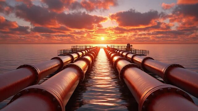 Ocean Pipeline at Sunset: A network of industrial pipelines stretches across the tranquil ocean towards the vibrant setting sun, symbolizing energy, industry, and the promise of tomorrow. 