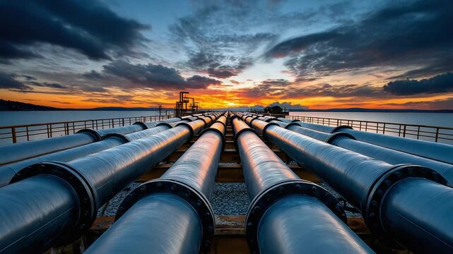 Oil Pipes at Sunrise: An array of industrial pipes extends towards the horizon, symbolizing energy and transportation, with the backdrop of a vibrant sunrise over water.