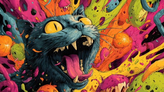 A unique, visceral surrealist illustration of a screaming cosmic cat. Explosive, vibrant melting eyes and colorful goo create a one-of-a-kind psychedelic horror scene. SEO-friendly and unique.