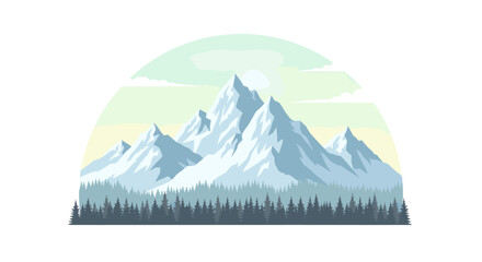 A calming illustration of mountains and a forest evokes feelings of serenity and escape, perfect for travel blogs, nature websites, or promoting a sen © Atmojo
