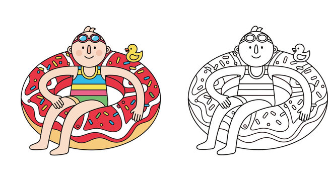 Cartoon summer character relaxing in a donut pool float with rubber duck, coloring book page illustration