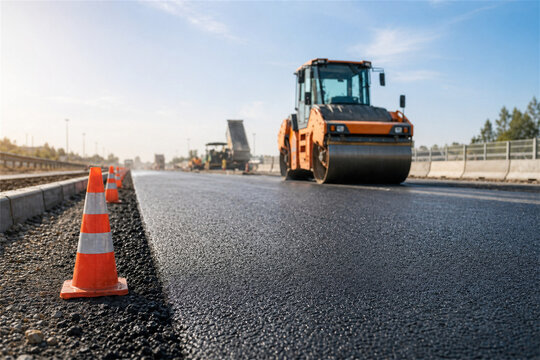 Fresh asphalt road paving with road roller and traffic cones at construction site