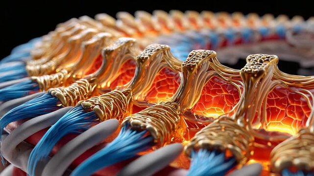 Spine Anatomy: An intimate view of a meticulously detailed, 3D-rendered spine, showcasing its intricate structure, perfect for medical studies and anatomical references.