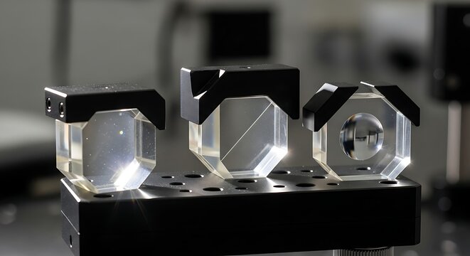 Close-up of three optical components with black tops on a black base.