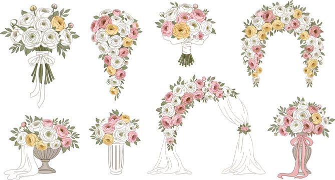 Elegant Wedding Floral Set With Bouquets Arches Vases And Romantic Rose Arrangements Collection