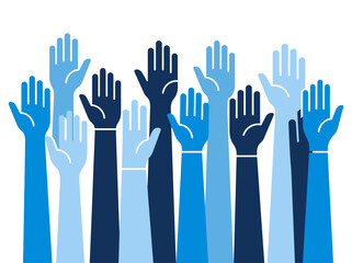 Fototapeta premium Many Raised Hands Up Vector Illustration - Concept of Volunteering, Unity, Teamwork, Diversity, and Community Participation in Blue Tones