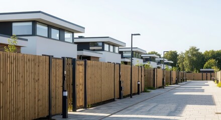 Obraz premium Modern residential houses with wooden fence along paved walkway. Suburban street view of contemporary townhouses. Real estate development and architecture concept for housing market.