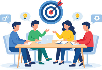Diverse team collaborating and brainstorming around a table with a target and lightbulb idea © LailaArtworks