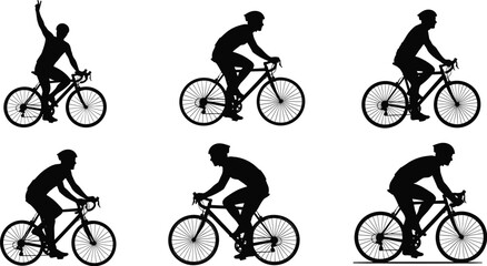 Naklejka premium Bicycle rider silhouettes set, professional cyclist racing icons, man riding bike collection, outdoor sports activity, cycling competition, fitness workout vector, isolated white background, black.