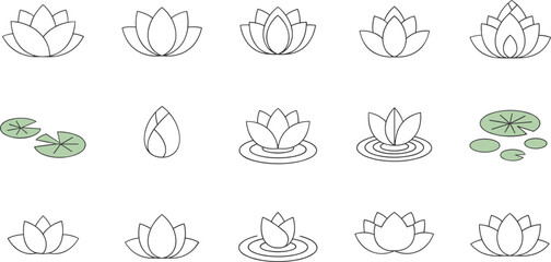 Minimalist Lotus Flower and Lily Pad Vector Icon Set for Spa, Yoga, Meditation, Wellness, and Digital Designs © MstLaky