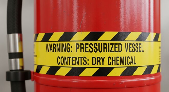Red fire extinguisher with pressurized vessel warning label