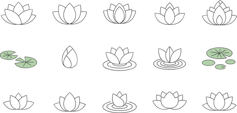 Minimalist Lotus Flower and Lily Pad Vector Icon Set for Spa, Yoga, Meditation, Wellness, and Digital Designs