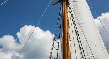 Obraz premium A low-angle view of a tall wooden sailboat mast and a large white sail stretched out.