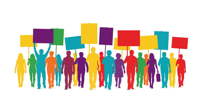 Diverse group of people holding signs.