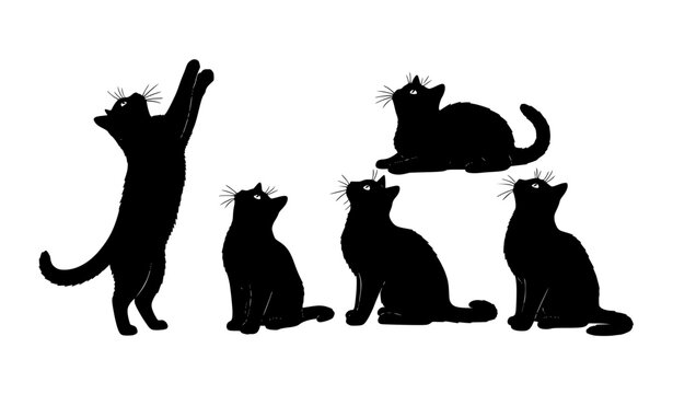 Black cat silhouette set with curious poses looking up minimal flat vector illustration isolated on white background