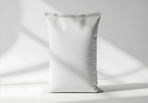 Blank white standing pouch mockup for food packaging, clean realistic plastic bag, retail container design, branding template