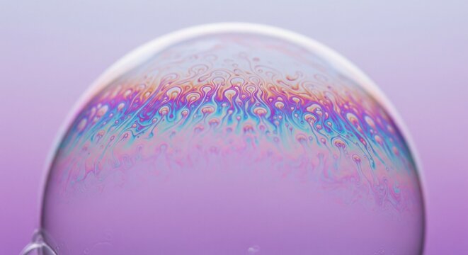 A close-up view of the top of a soap bubble showing beautiful rainbow patterns and oily reflections on a soft purple background