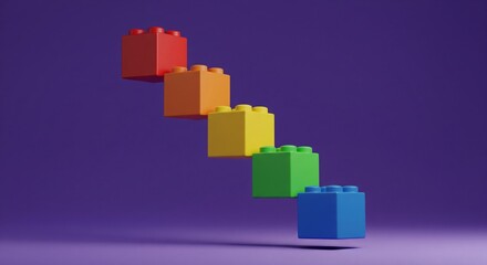 Obraz premium Colorful plastic toy building bricks (red, orange, yellow, green, blue) arranged in a descending staircase pattern against a dark purple background