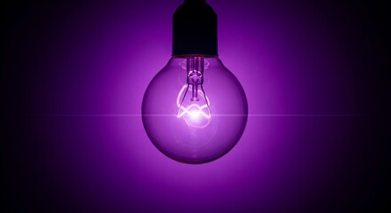 A single glowing light bulb in a dark room emitting a vibrant purple light. The filament is bright and centered