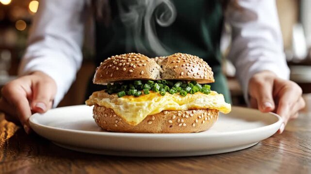 Deliciously fresh, steaming egg and chive bagel sandwich served on a crisp white plate by an attentive individual in a warm, inviting cafe ambiance