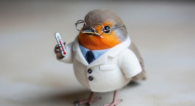 A cute robin wearing a white lab coat, blue tie, and glasses, holding a small medical thermometer