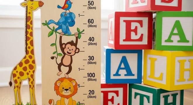 Child height chart with animals and colorful alphabet blocks