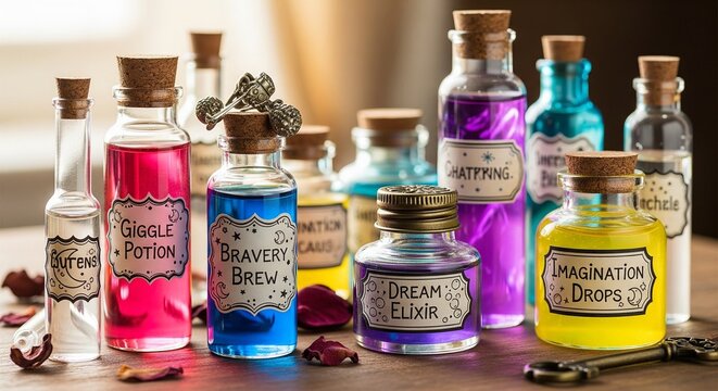 Fantasy apothecary bottles with colorful liquids and cork stoppers