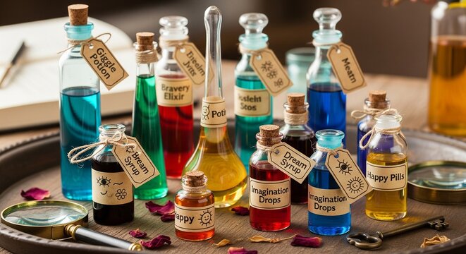 Magical colorful potion bottles with labels on a vintage tray
