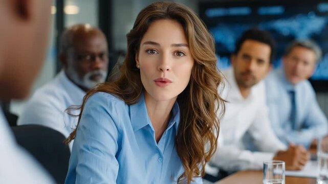 Engaging Meeting Dynamics: Captivating gaze and attentive presence of a woman, leading a meeting alongside her peers in a modern office, fostering collaborative dynamics.