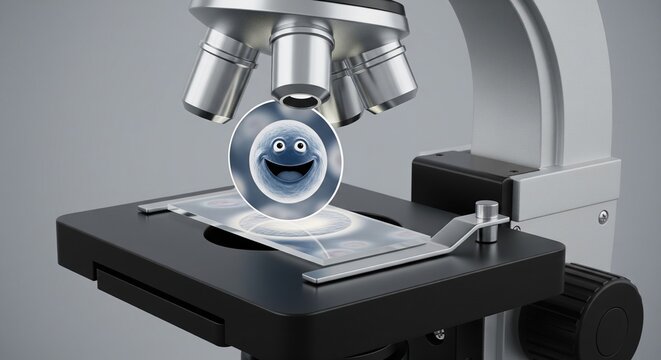 Close up of a microscope stage with a funny happy cell