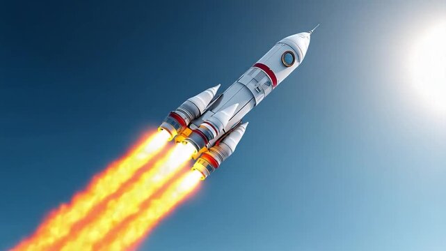 soaring rocket ascent: A powerful rocket streaks across the clear blue sky, its fiery engines propelling it towards the sun, symbolizing innovation, progress, and the boundless pursuit of exploration.