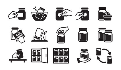 Fototapeta premium Canning and jar sterilization instruction icons with sterilization, sanitizing