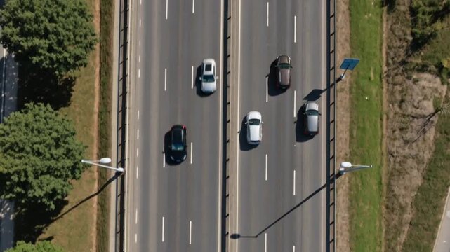 Aerial top-down view of a multi-lane highway with moderate traffic flow, featuring several cars traveling in both directions.