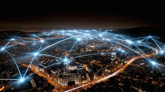 City Network at Night: A mesmerizing view of a cityscape at night, interlaced with glowing digital connections that illuminate the skyline, highlighting the network and its vast capabilities.