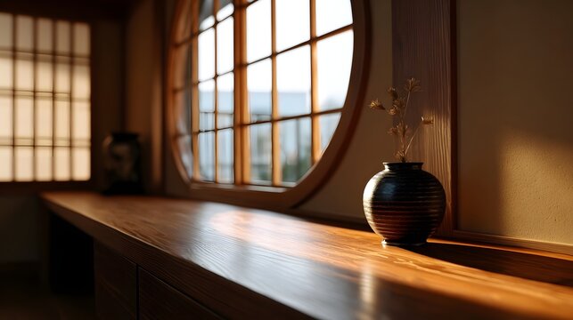 Natural light illuminates a wooden ill displaying a ceramic vase and dried floral arrangement capturing a serene minimalist interior moment