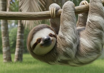 Fototapeta premium portrait of a cute sloth hanging from a tree branch in the jungle.