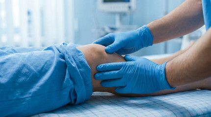 Obraz premium Medical worker wearing blue gloves examining a patient's leg on a hospital bed with medical equipment