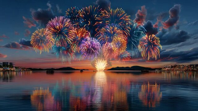 Fireworks Spectacular Over Serene Lake: Witness a dazzling display of colorful fireworks illuminating the night sky, their vibrant hues reflected in the tranquil waters below.