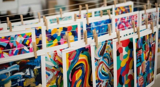 Vibrant abstract paintings drying on rows of strings with clothespins