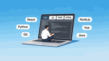 Person coding on laptop with programming languages © D3