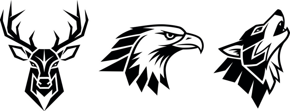 Wild animal mascot head vector set, black and white deer eagle and wolf logos, geometric wildlife icons for sports branding and hunting clubs