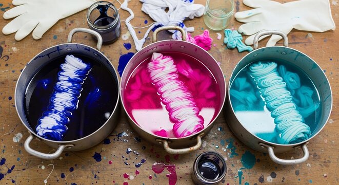 Overhead view of three metal pots with tie-dye fabric soaking in dark blue, bright pink, and turquoise dye on a messy workshop table
