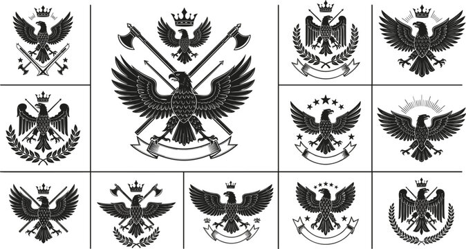 Heraldic Eagle Vector Set with Crown, Axes, Shields, Stars, and Ornamental Designs for Emblems, Logos, Coats of Arms, and Decorative Crests