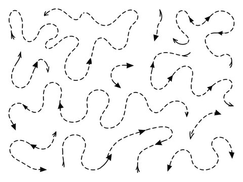 Set of hand drawn curved dotted line thin directional arrows in doodle style. Black dashed arrows collection isolated on white background. Vector illustration for infographic, poster, scheme