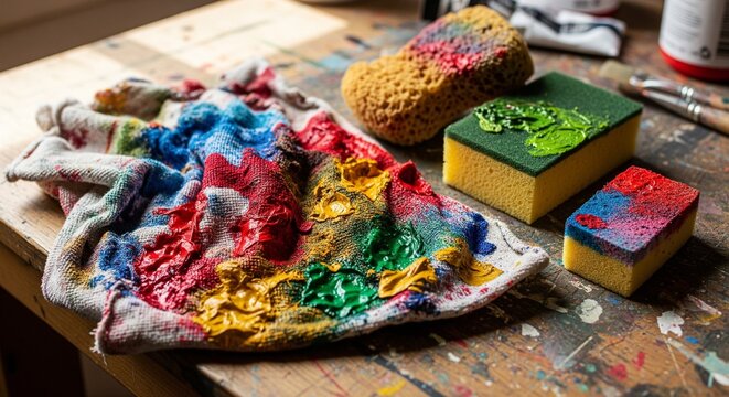 Messy artist workbench with colorful paint rags and sponges
