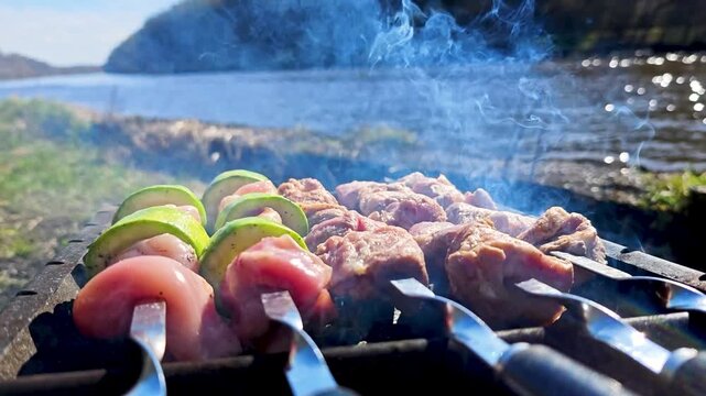 Barbecue grill with sizzling meat skewers by river
